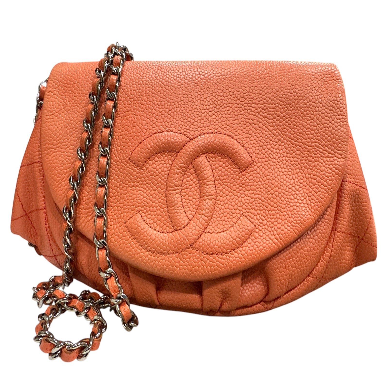 Chanel CORAL Caviar Leather Half Moon Wallet On Chain - Clairely Amazing