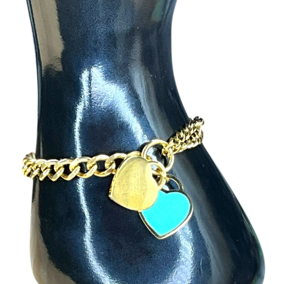 Gold Tone Heart Tag Charm Chain Bracelet – Classic Link Style