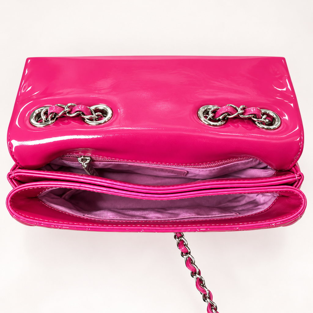 Authentic Chanel Pink Patent Double Compartment Flap Bag – Medium