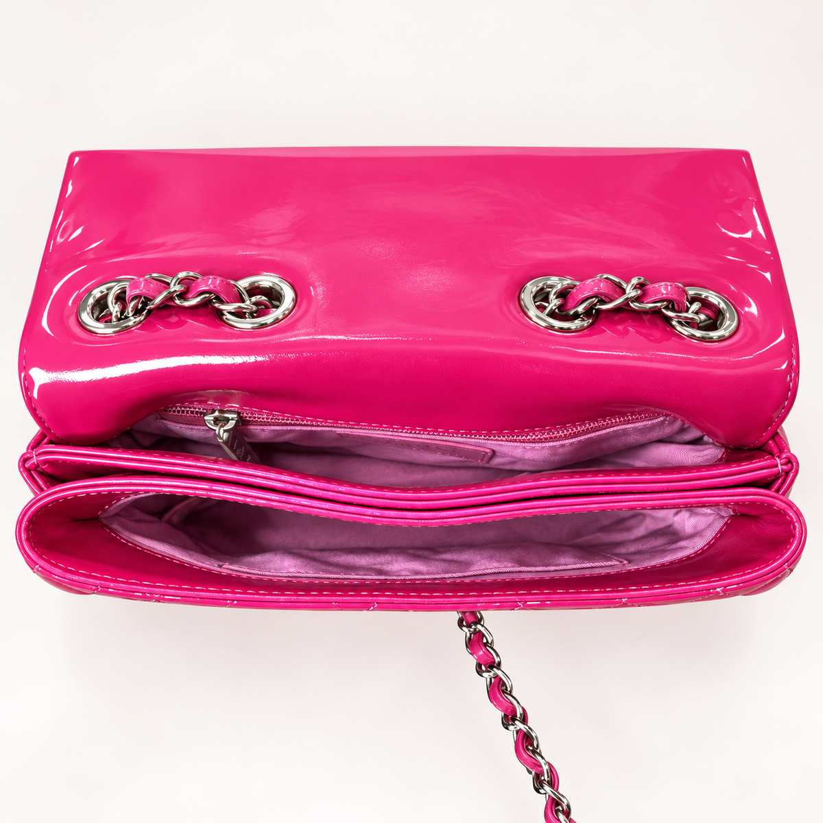 Authentic Chanel Pink Patent Double Compartment Flap Bag – Medium