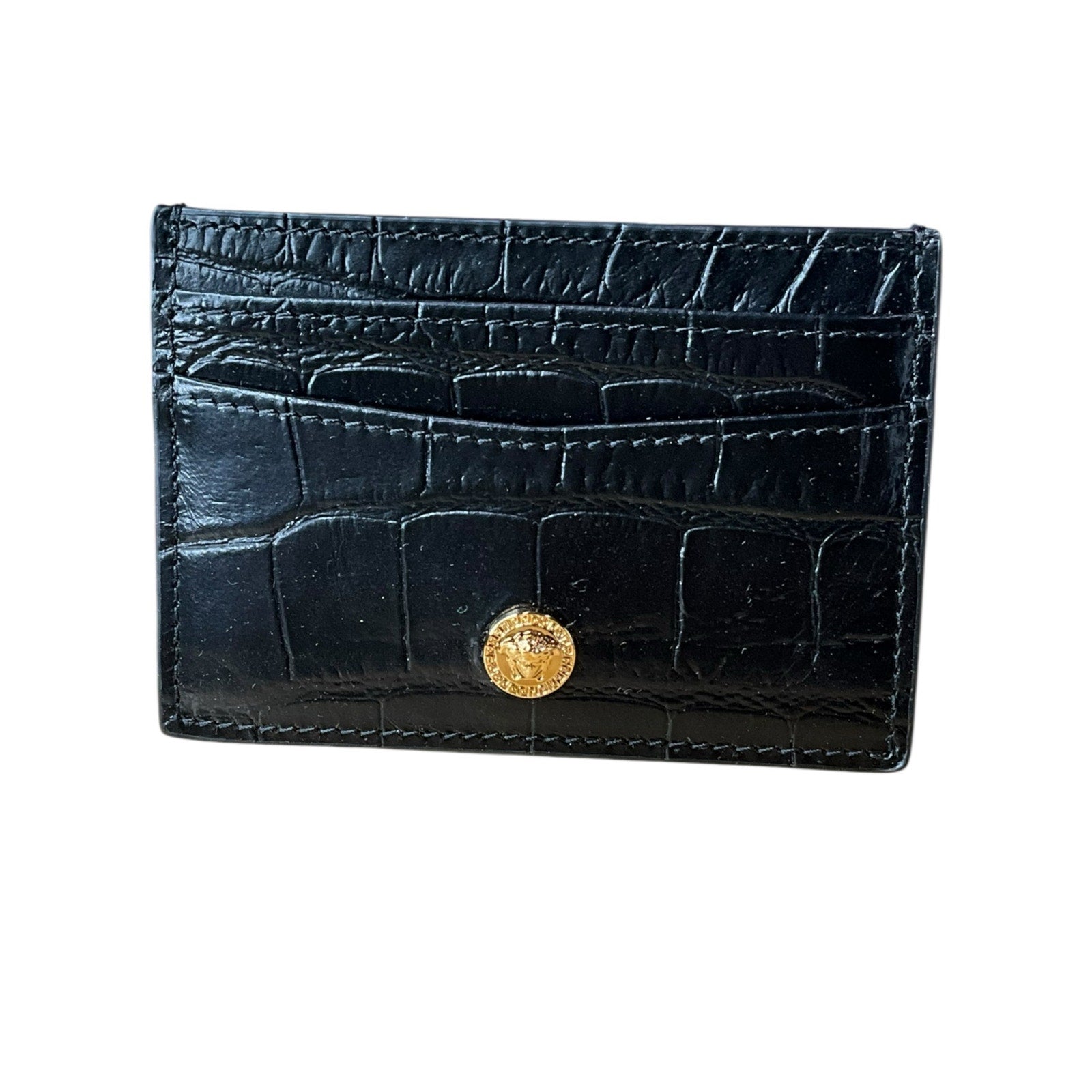 Authentic Versace Black Croc-Embossed Calf Leather Card Holder