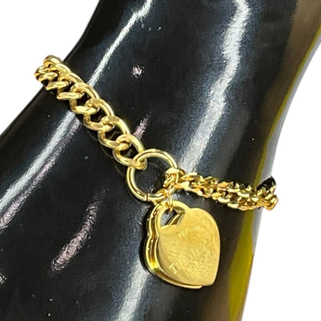 Gold Tone Heart Tag Charm Chain Bracelet – Classic Link Style