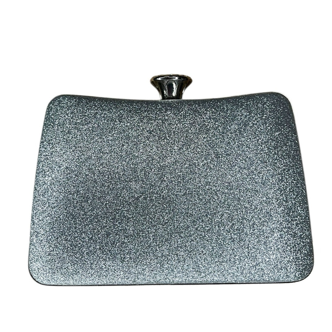 Silver glitter box clutch with a chain strap