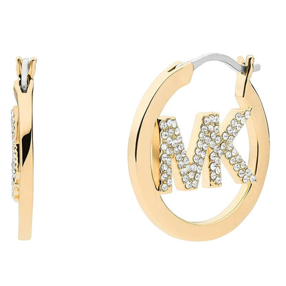 MICHAEL KORS BRASS GOLD-TONE PAVE MK CRYSTALS LOGO HOOP EARRINGS