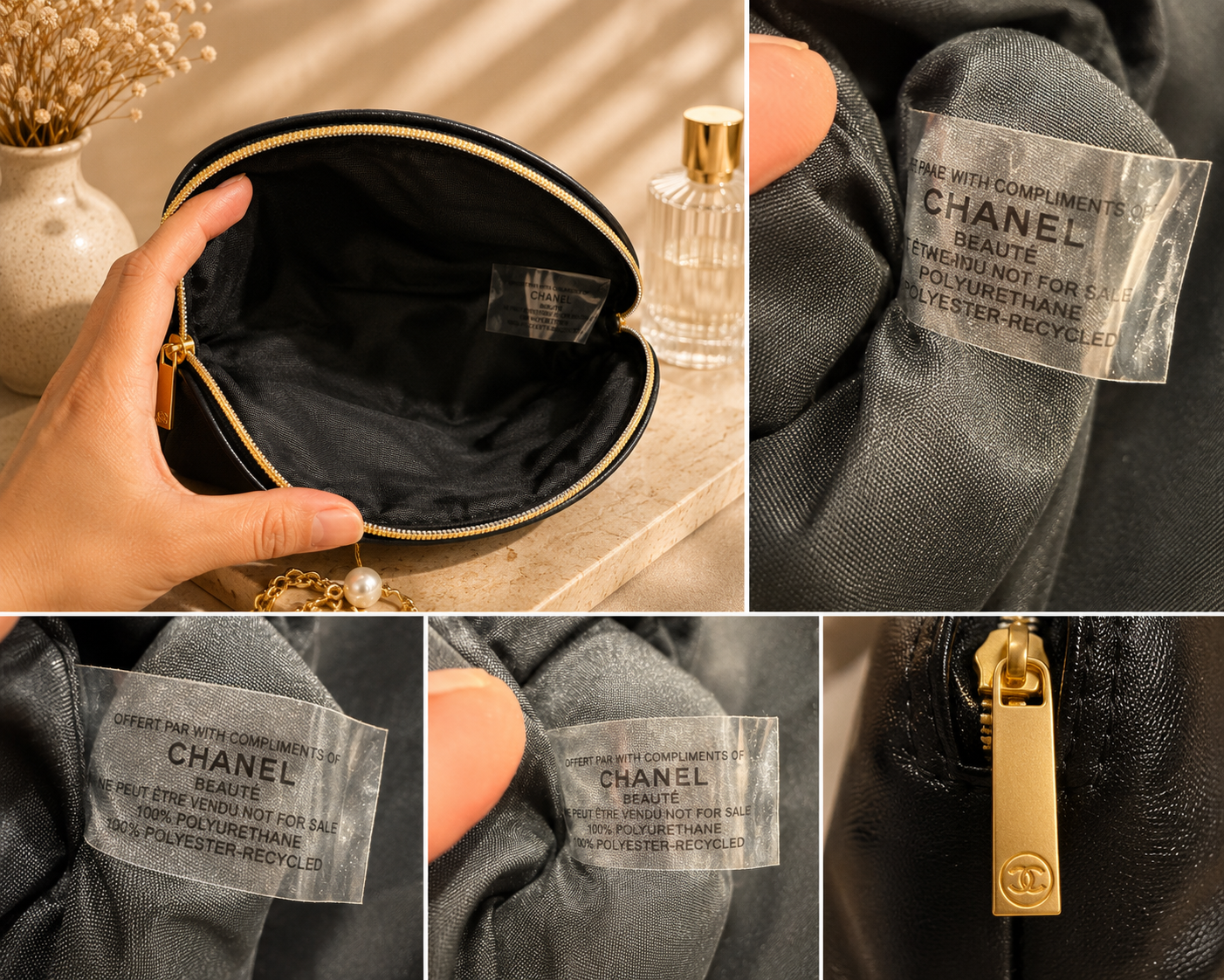 CHANEL BEAUTÉ Black Cosmetic Bag – Soft Faux Leather GWP Makeup Pouch | Gift With Purchase