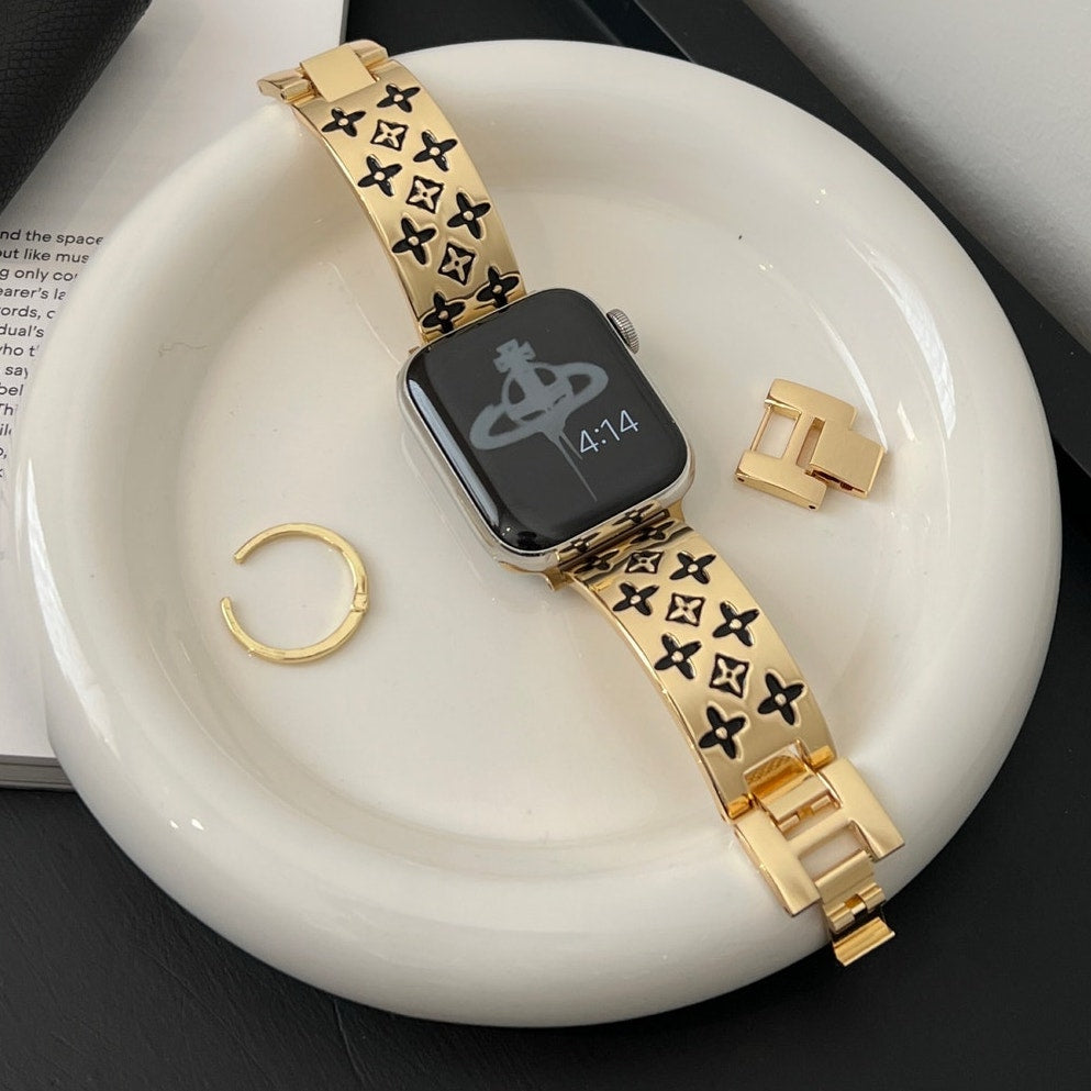 Premium Stainless Steel Floral-Pattern Link Watch Band – Gold or Silver