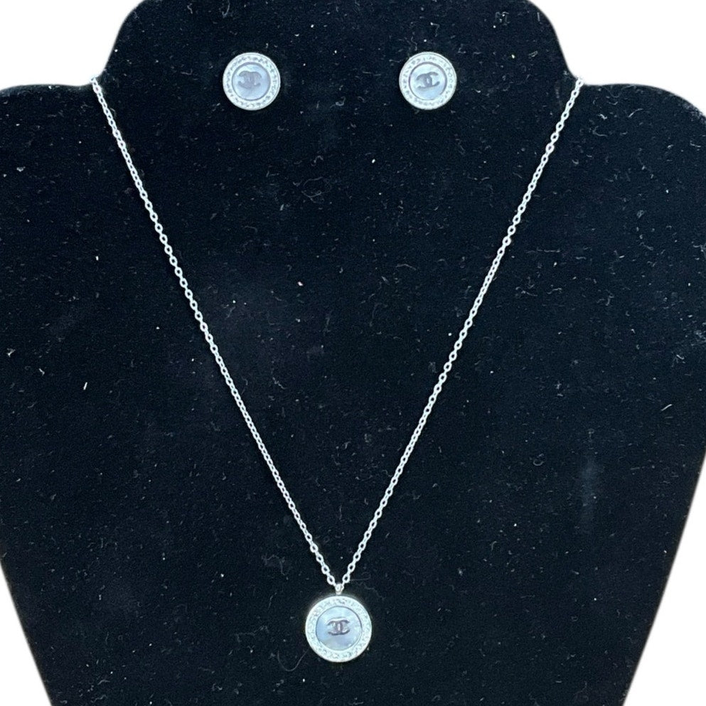 Silver Tone Crystal Pendant Necklace & Stud Earrings Set – Minimal Round Design