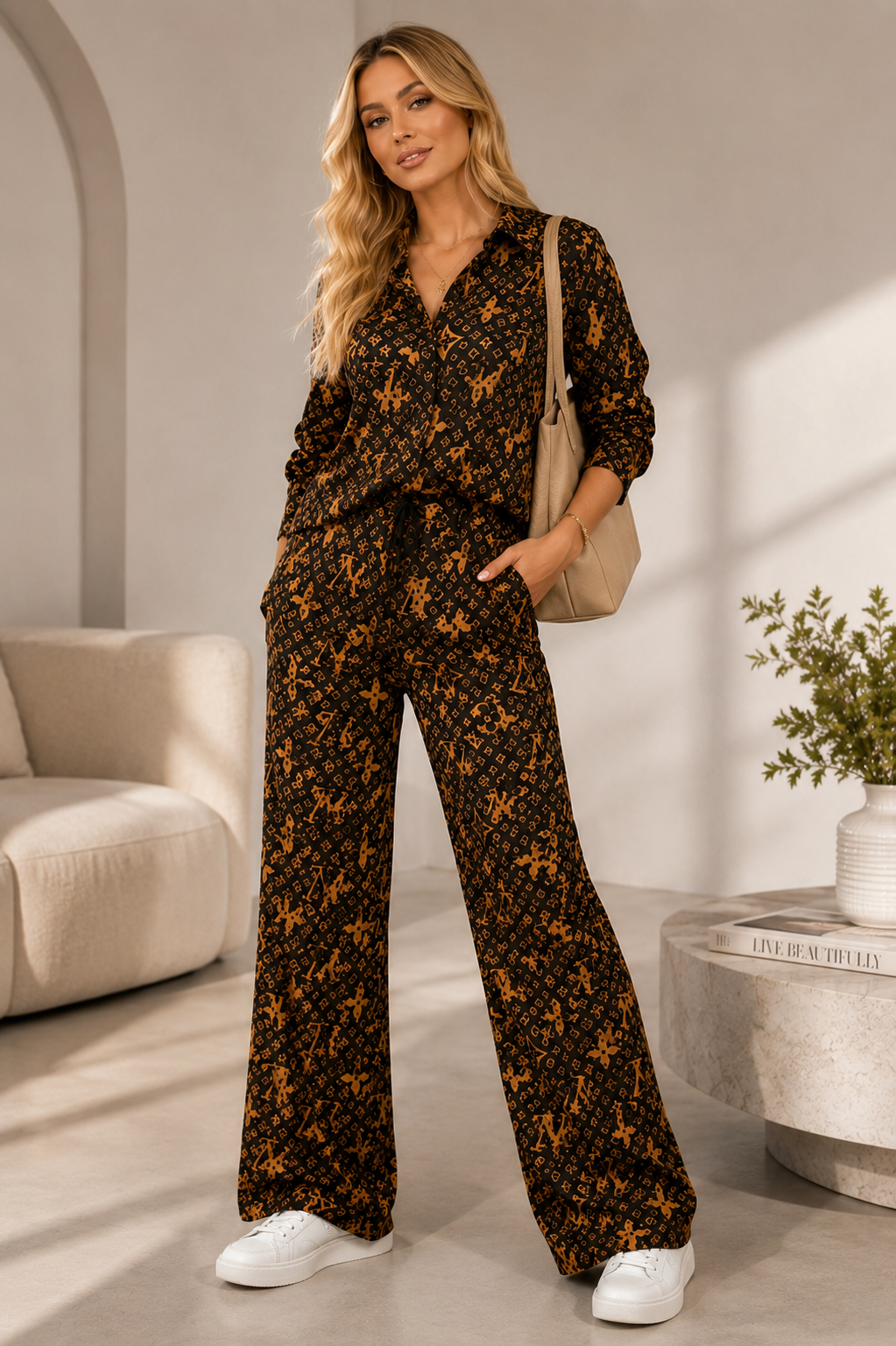 Brown & Mustard Monogram-Inspired Two-Piece Pant Set