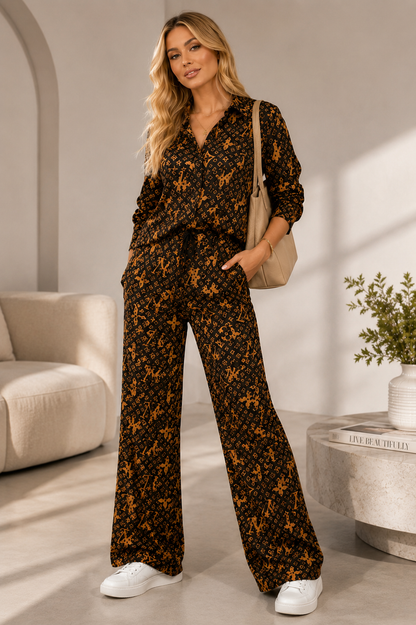 Brown & Mustard Monogram-Inspired Two-Piece Pant Set
