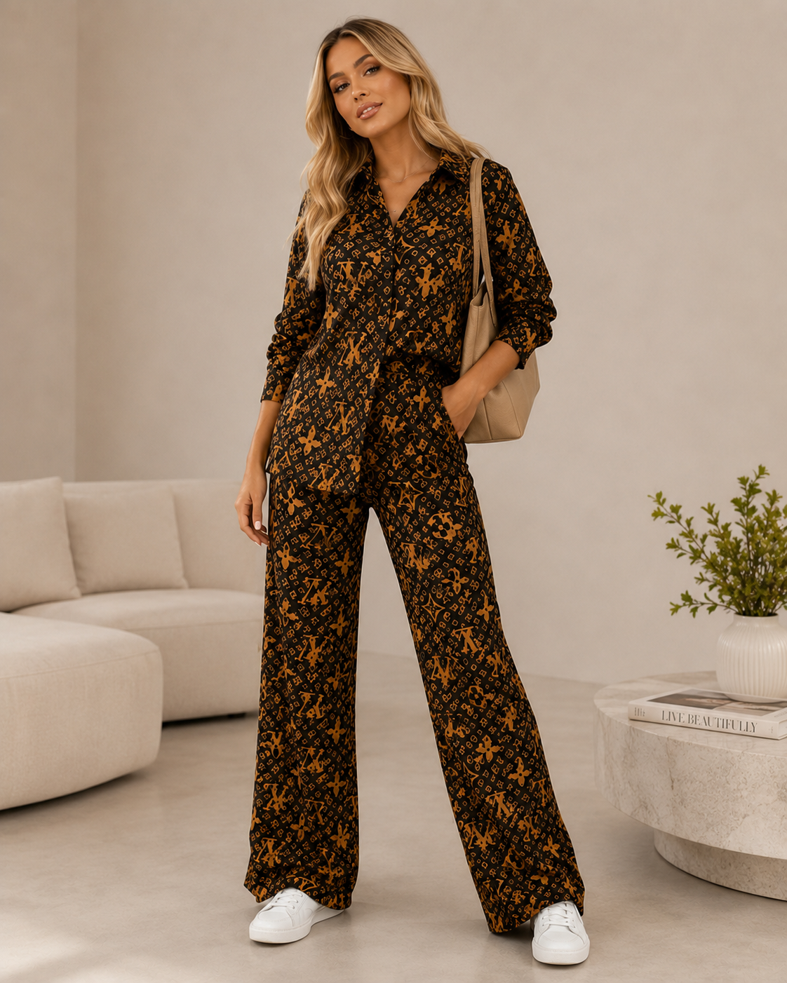 Brown & Mustard Monogram-Inspired Two-Piece Pant Set
