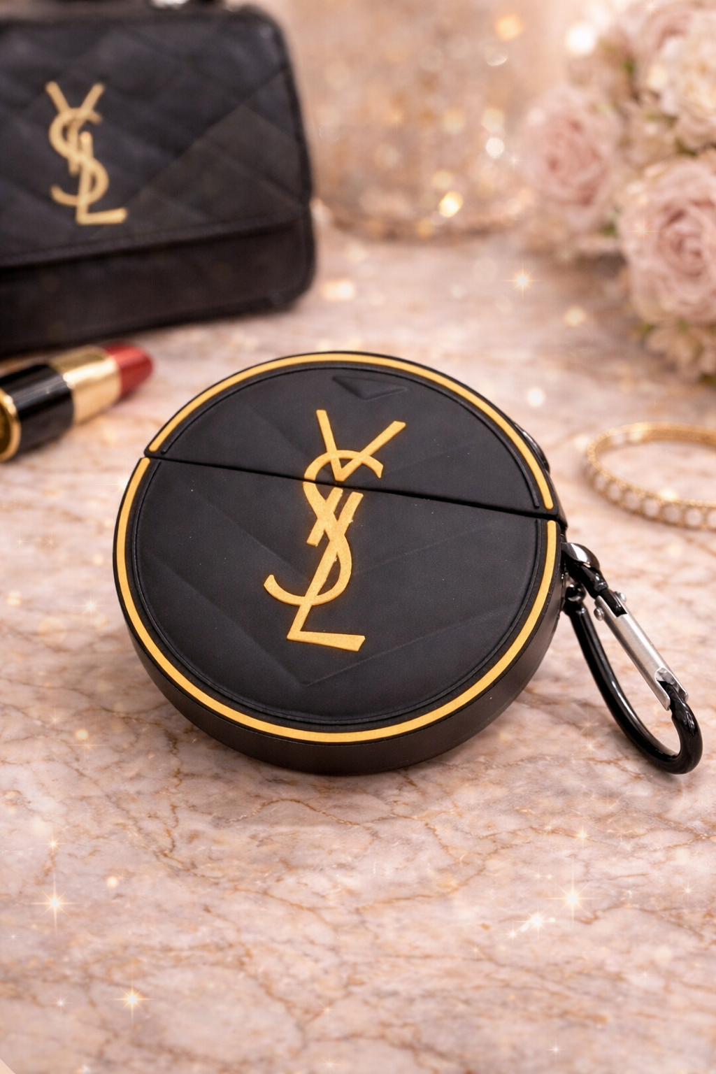 YSL-Inspired Round AirPods Case Holder – Luxe Black & Gold | Clip-On Travel Case