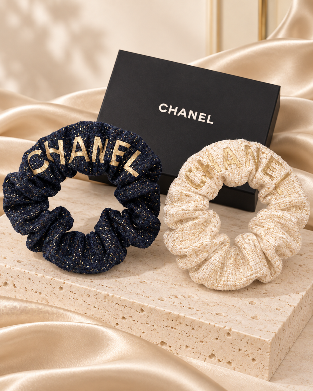 Chanel Beaute Scrunchie Set of 2 with Box