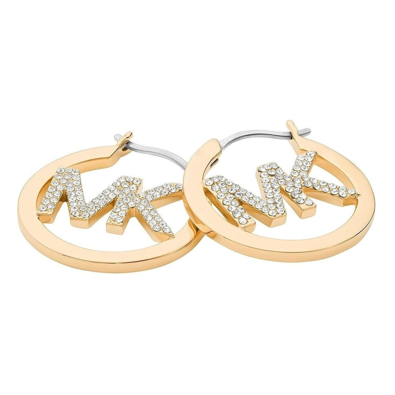 MICHAEL KORS BRASS GOLD-TONE PAVE MK CRYSTALS LOGO HOOP EARRINGS