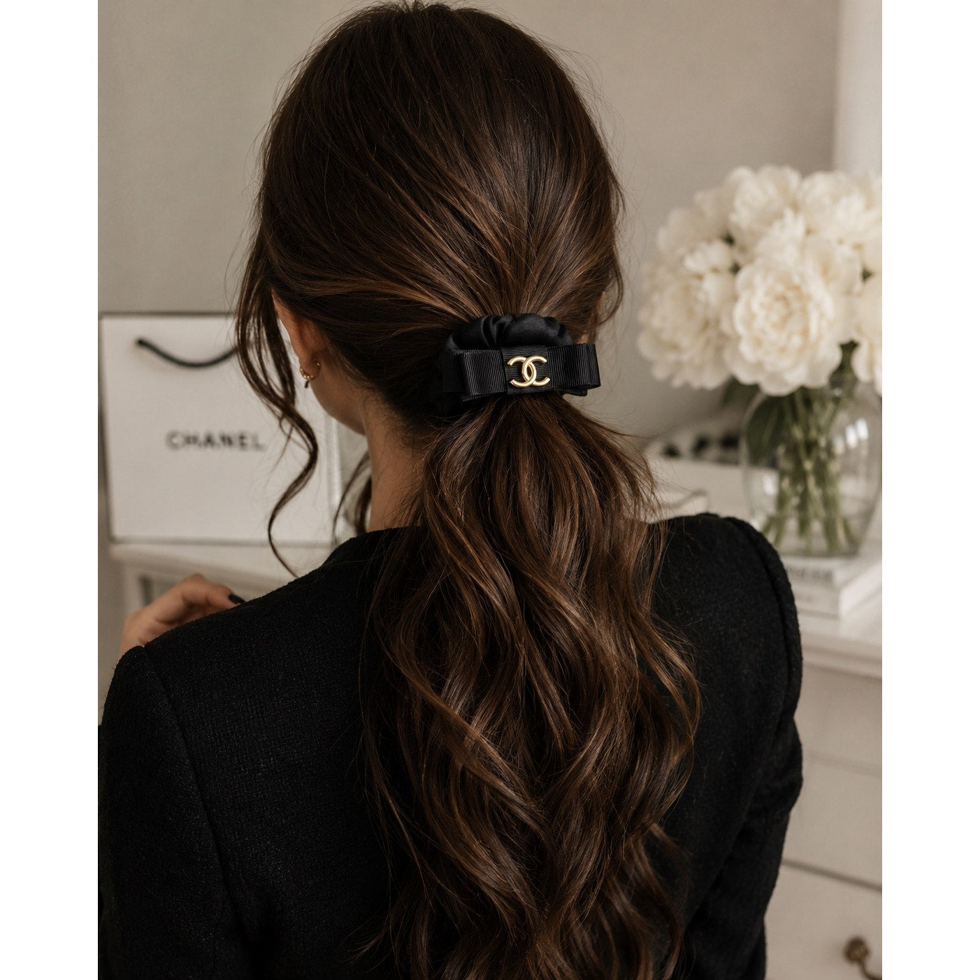 Chanel Beauté Bow Scrunchie Hair Accessory – Black Satin & Gold CC GWP