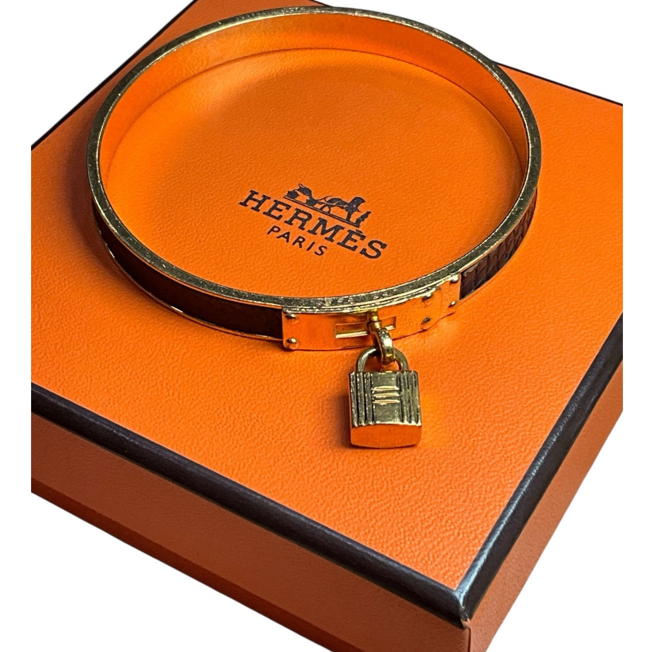 Hermes Lizard Kelly Lock Black & Gold Bangle