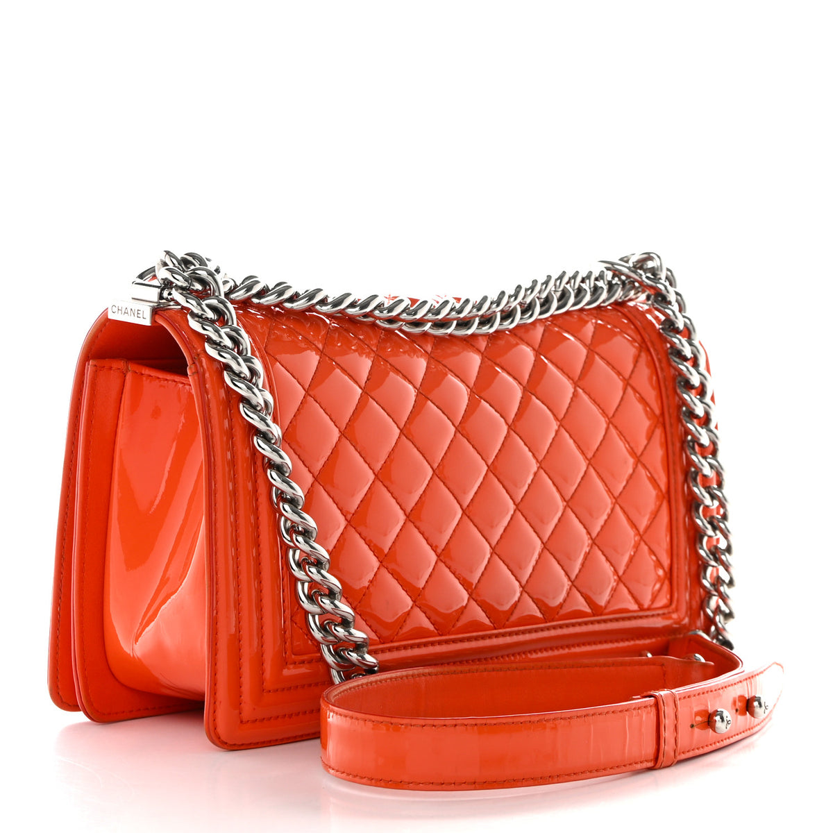 Chanel Patent Calfskin Quilted Medium Plexiglass Boy Flap Orange - Clairely Amazing