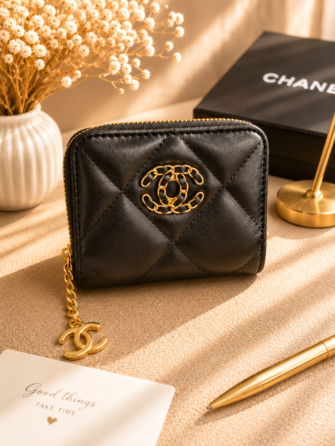 Fashion Luxury-Inspired Quilted Compact Zip Wallet with Gift Box