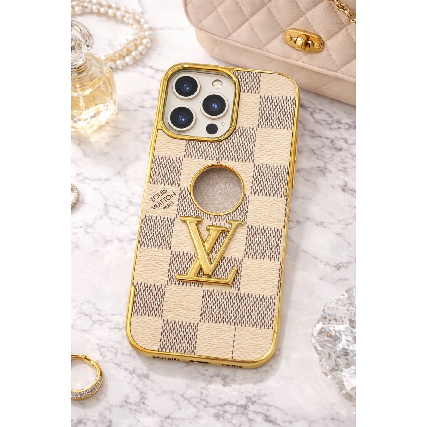 Luxury Inspired Checkered iPhone Case (Gold Trim) – iPhone