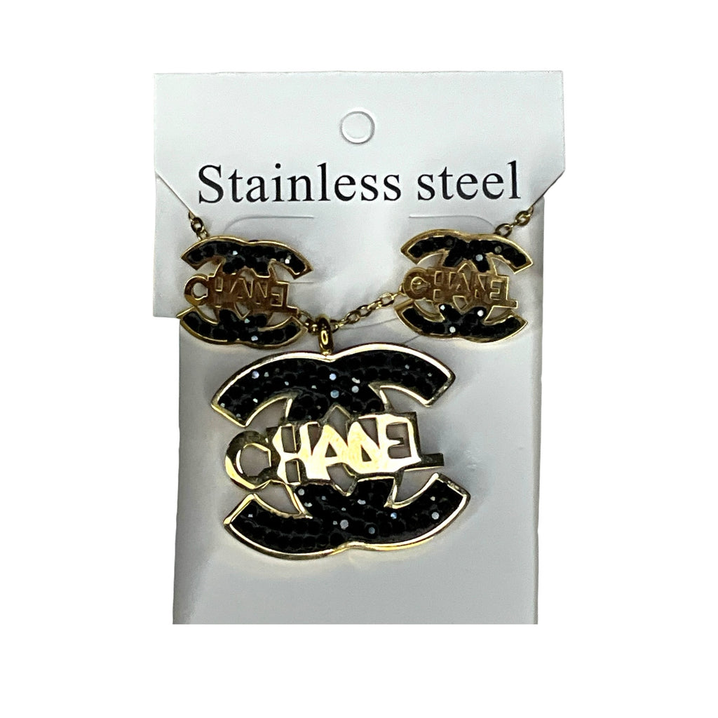 Stainless Steel Double C Style Necklace & Earrings Set – Rhinestone Jewelry