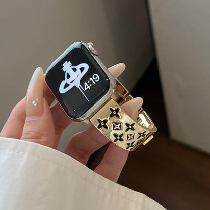 Premium Stainless Steel Floral-Pattern Link Watch Band – Gold or Silver