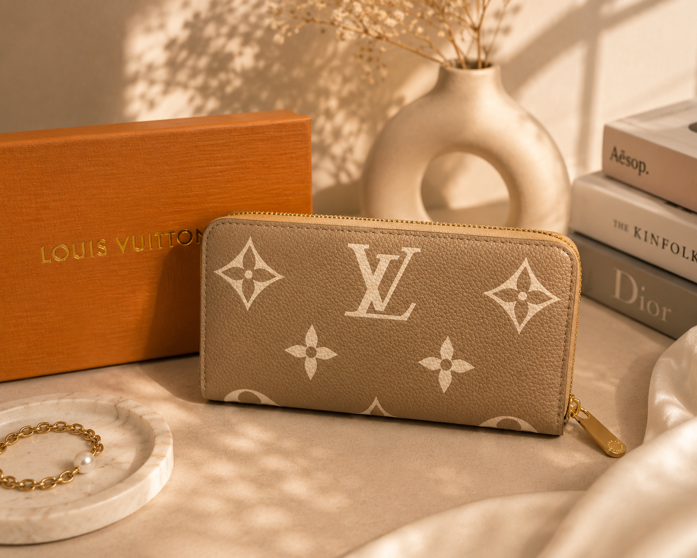 Fashion Monogram Zip Around Wallet – Beige