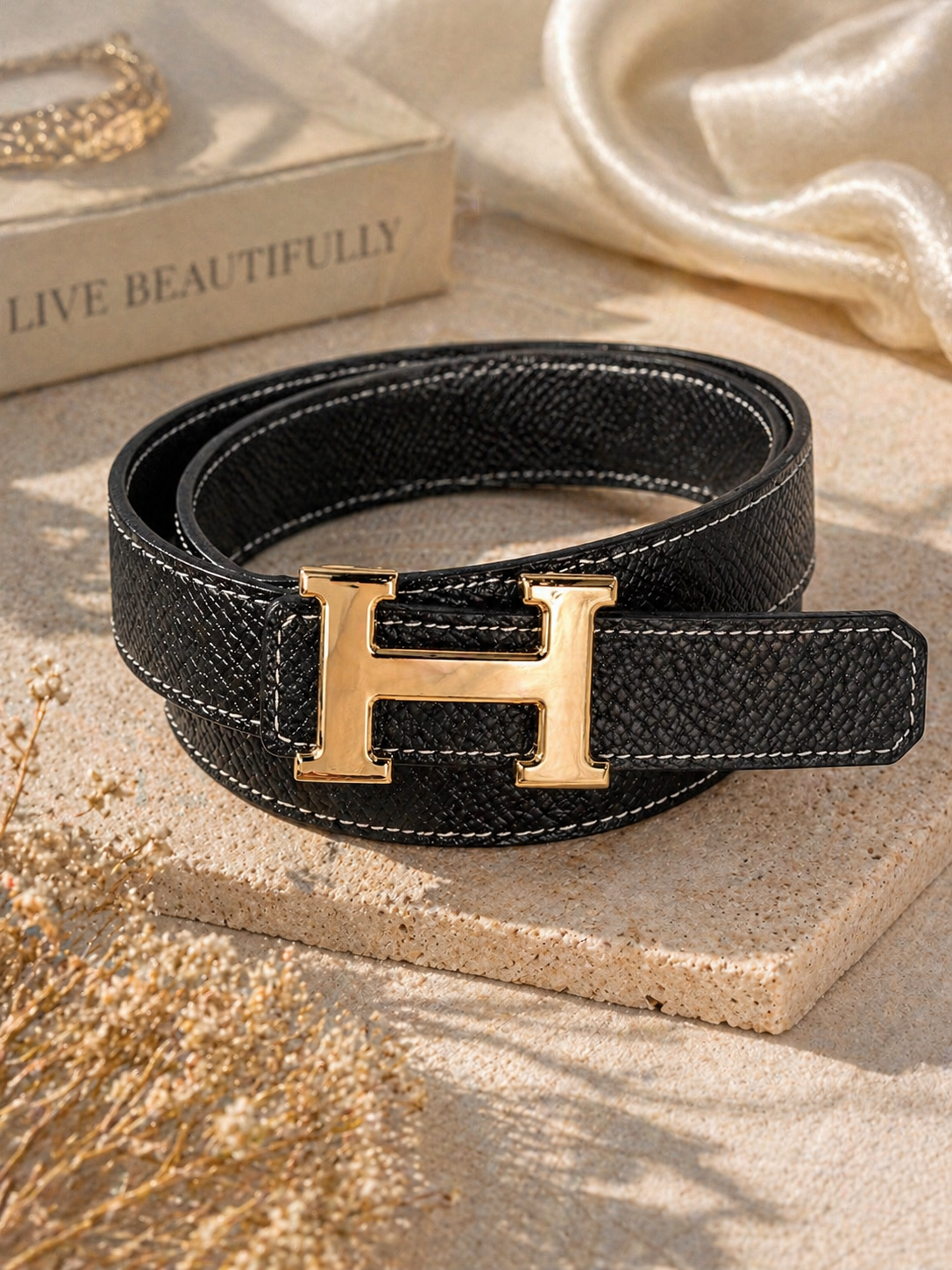 Luxe Gold Buckle Textured Fashion Belt