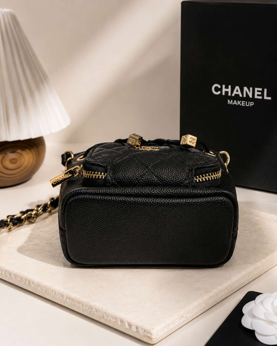 Chanel Beauté VIP GWP Micro Bucket Bag – Black Caviar Texture with Gold Hardware