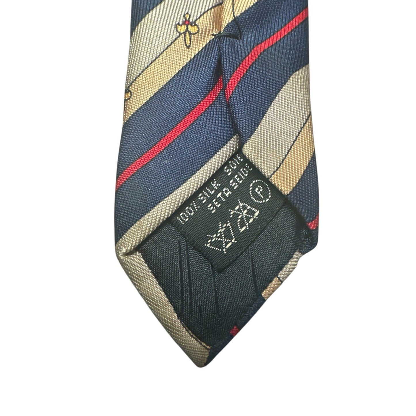Striped tie with brand label on a white background