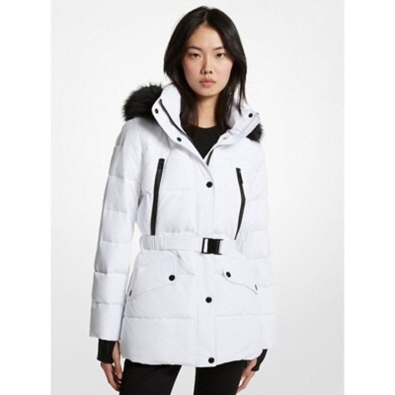 MICHAEL KORS Faux Fur Trim Quilted Puffer Coat - WHITE