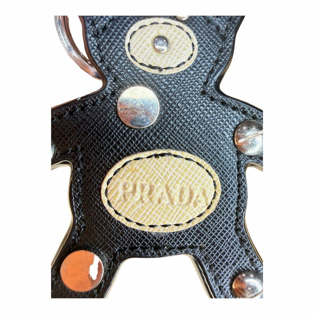 Authentic Prada Saffiano Leather Teddy Bear Bag Charm / Key Ring – Black & White