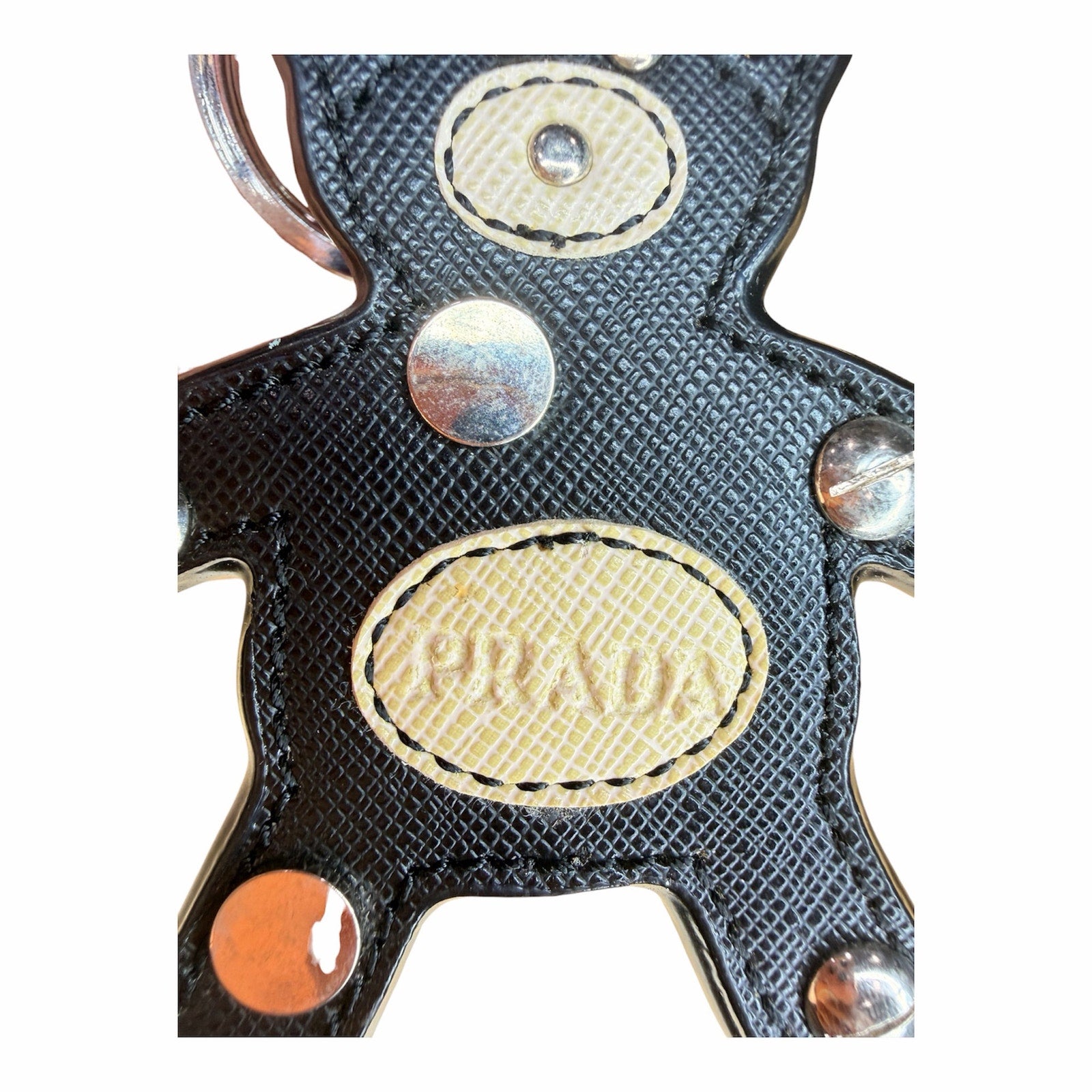 Authentic Prada Saffiano Leather Teddy Bear Bag Charm / Key Ring – Black & White