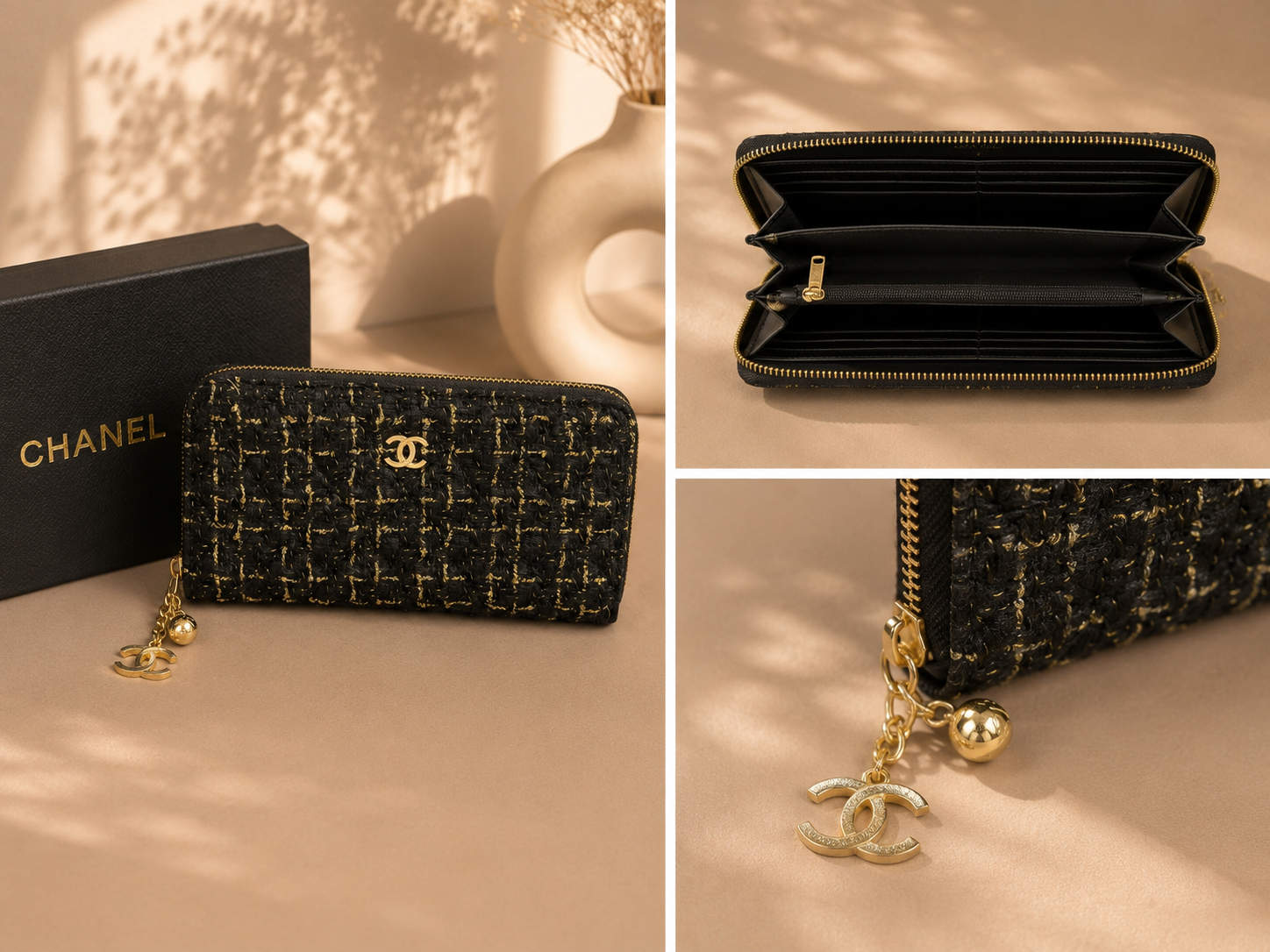 Fashion Black & Gold Tweed Zip Around Wallet