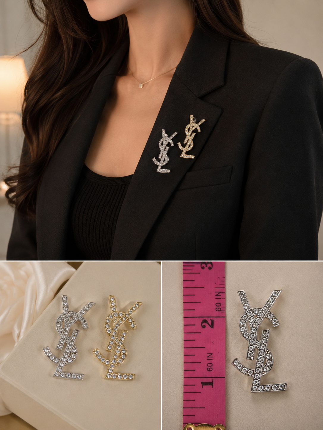 Crystal Monogram Style Brooch Pin – Gold or Silver Tone