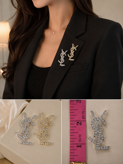 Crystal Monogram Style Brooch Pin – Gold or Silver Tone