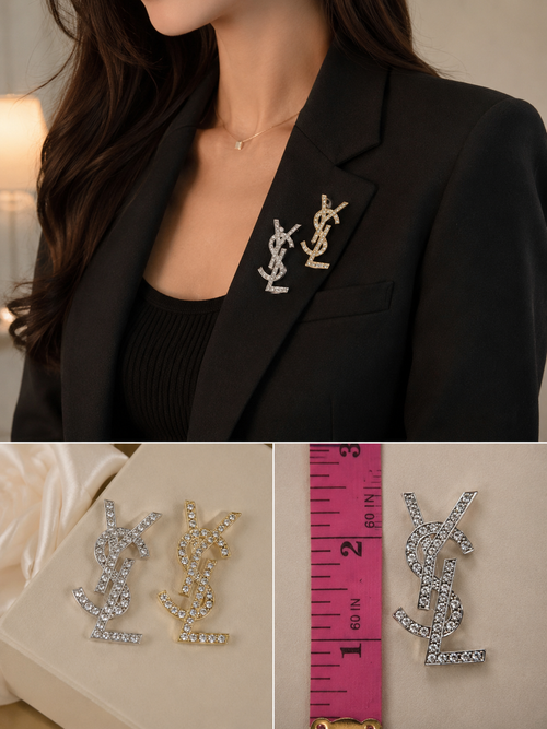 Crystal Monogram Style Brooch Pin – Gold or Silver Tone
