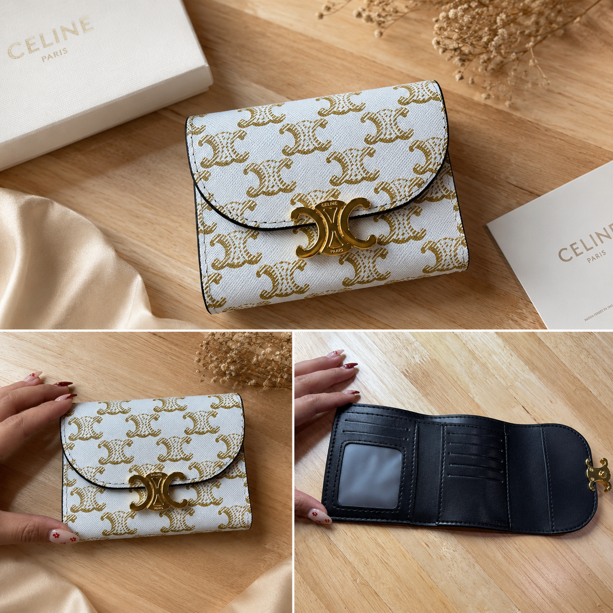 Designer-Inspired Triomphe Compact Wallet – White & Gold Monogram