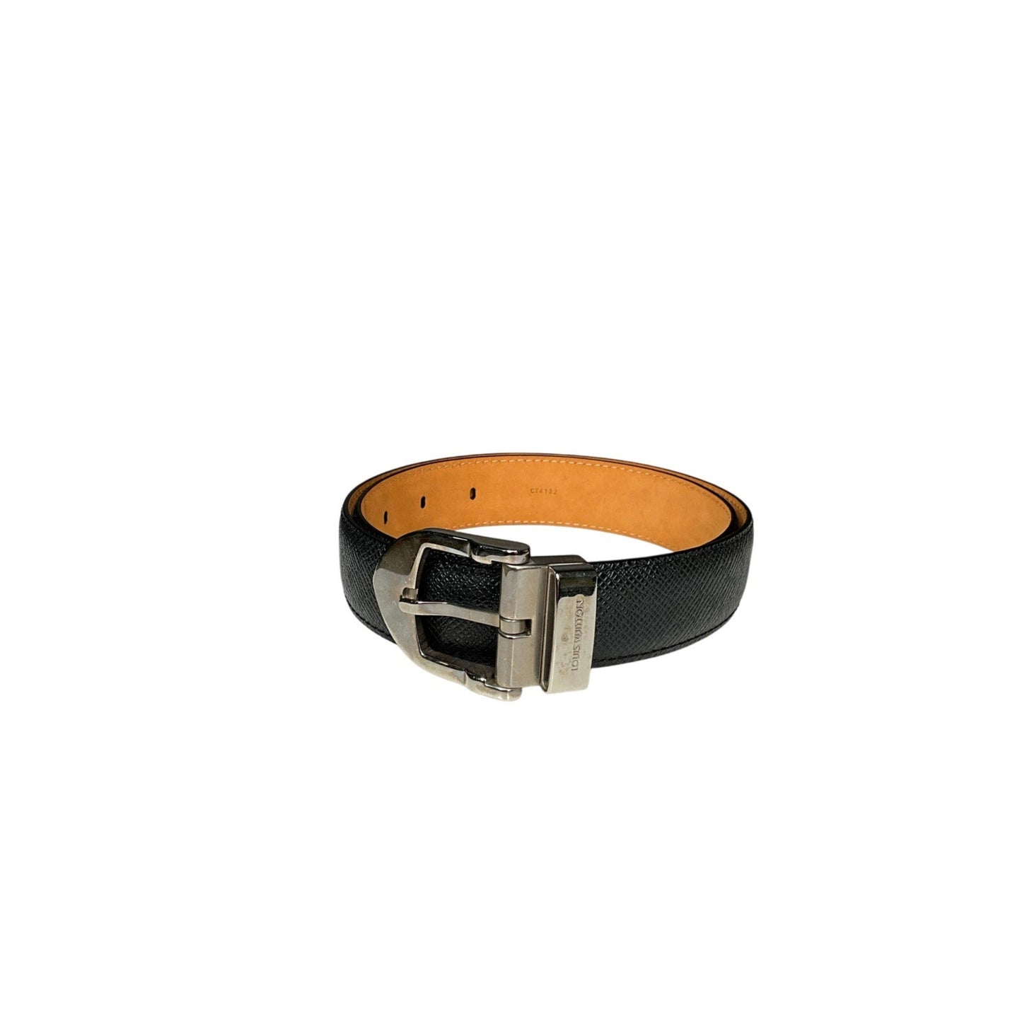 Black leather belt with a silver buckle on a white background