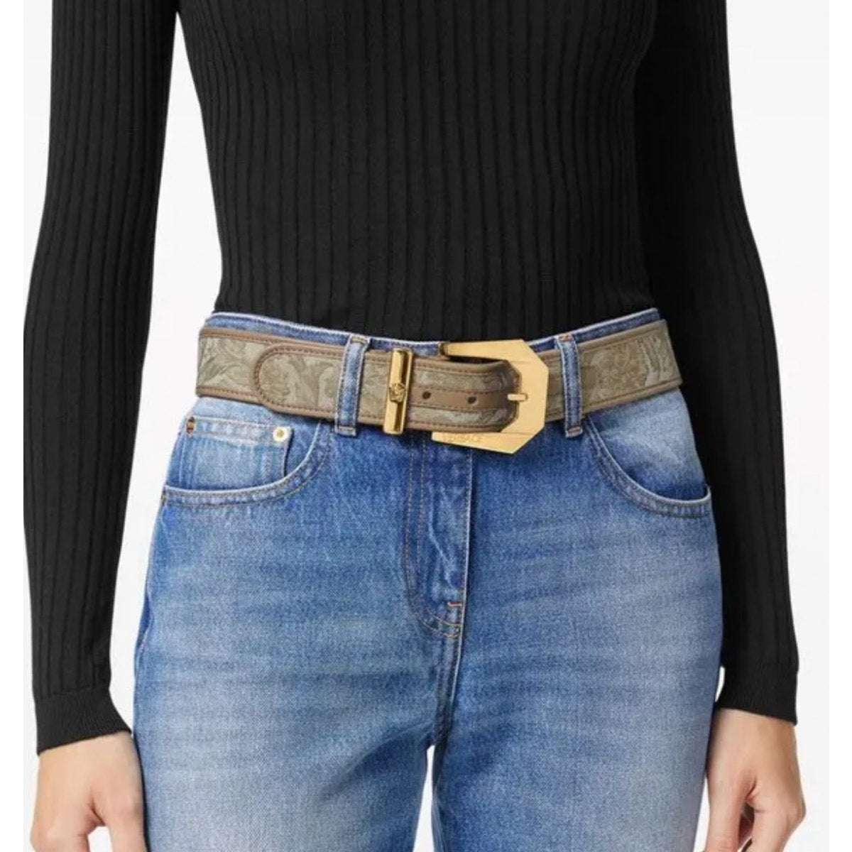 Versace Medusa Heritage Barocco Jacquard Logo Buckle Leather Belt
