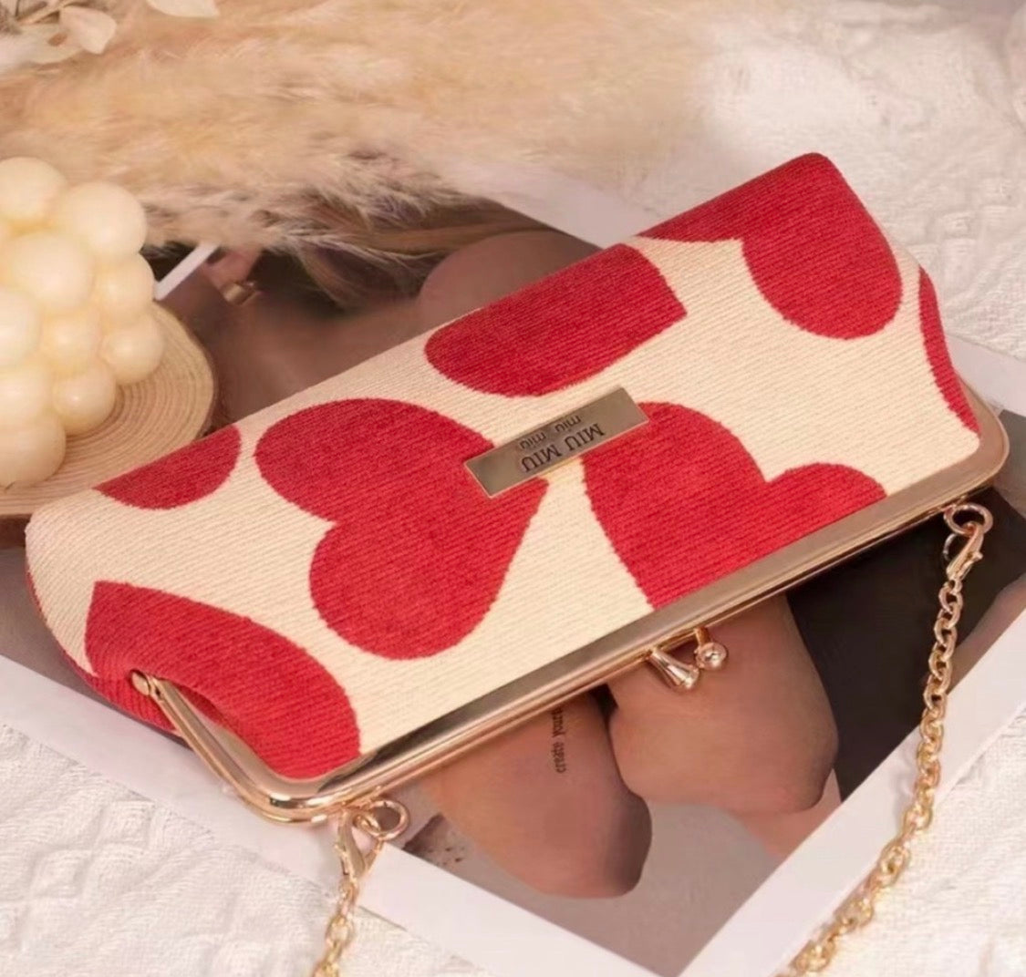 Miu Miu Heart Clutch Crossbody – GWP Edition (With Gold Chain + Box)