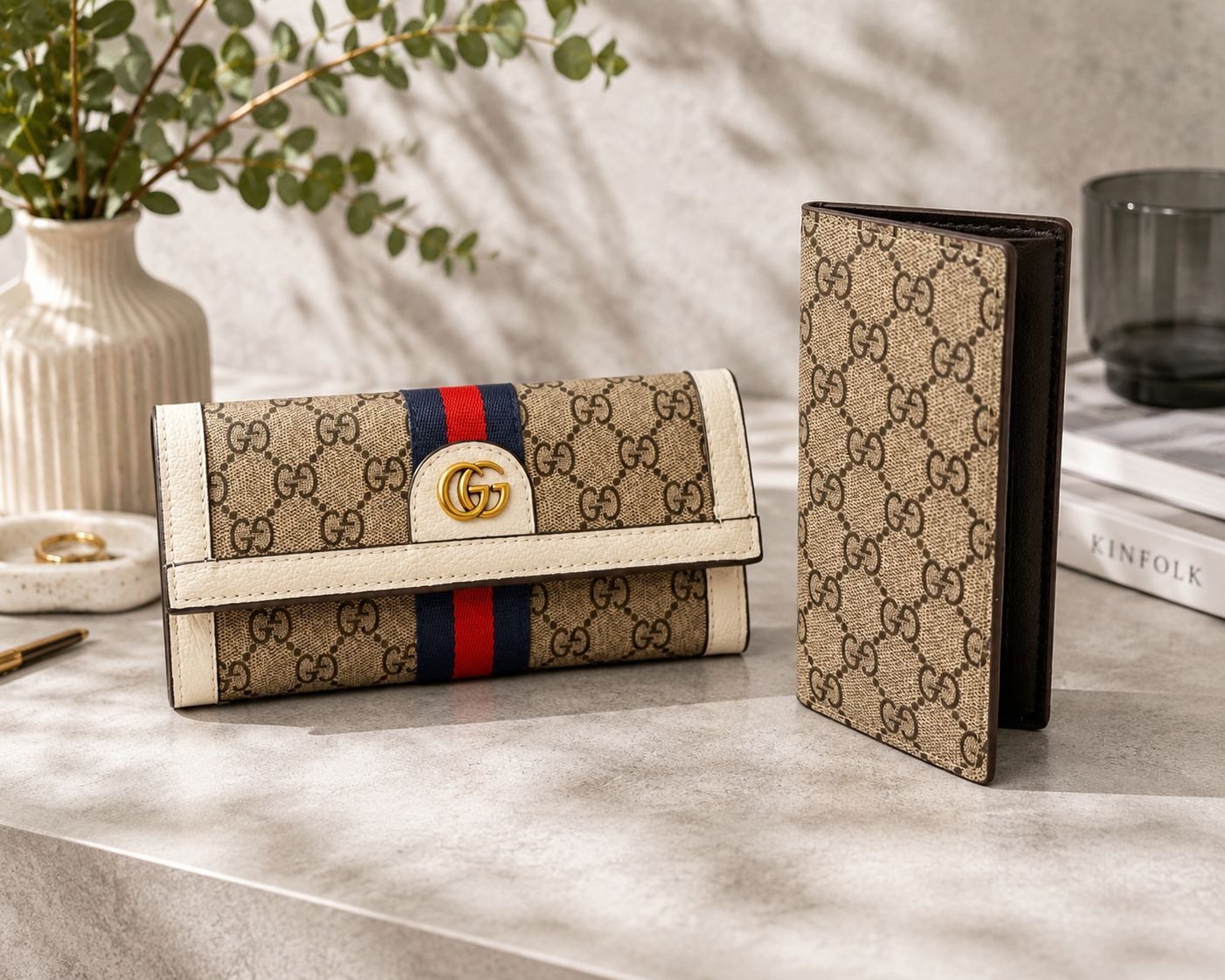 Fashion Stripe Wallet & Checkbook Holder Set – Beige
