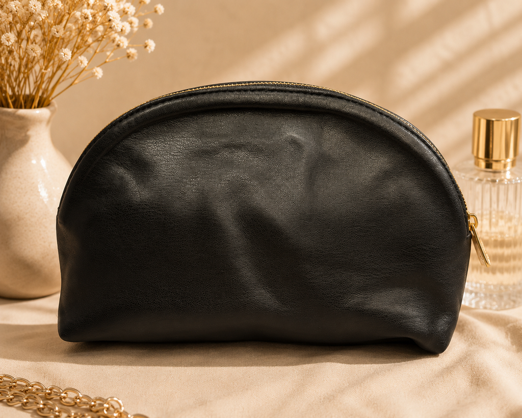 CHANEL BEAUTÉ Black Cosmetic Bag – Soft Faux Leather GWP Makeup Pouch | Gift With Purchase