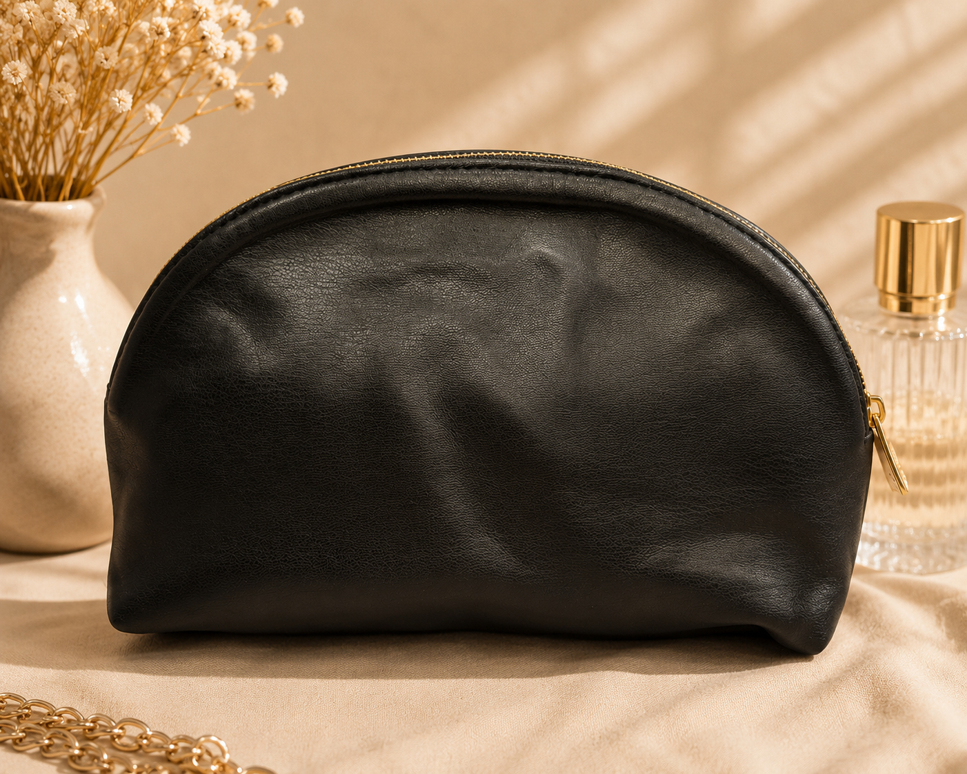 CHANEL BEAUTÉ Black Cosmetic Bag – Soft Faux Leather GWP Makeup Pouch | Gift With Purchase