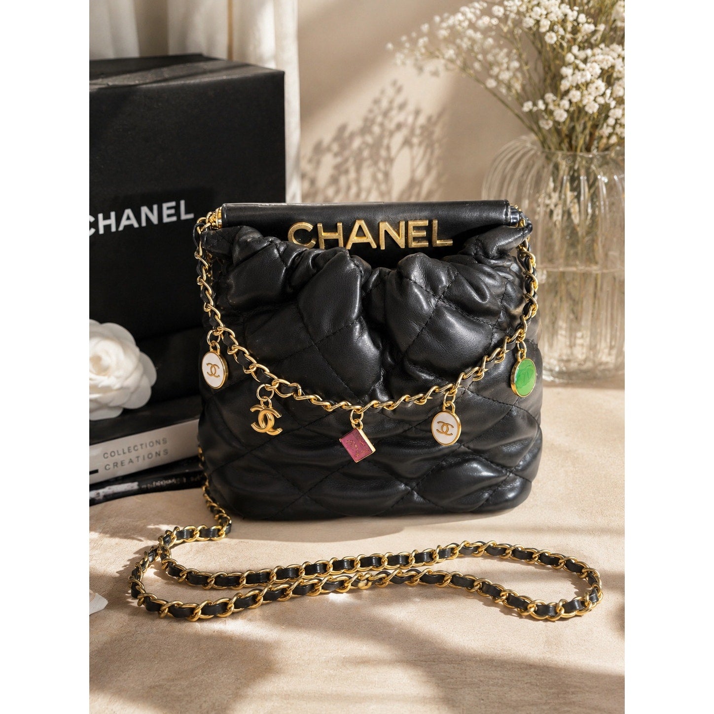 CHANEL Beauté Charm Crossbody Bag Black Quilted Gold Chain GWP VIP Gift