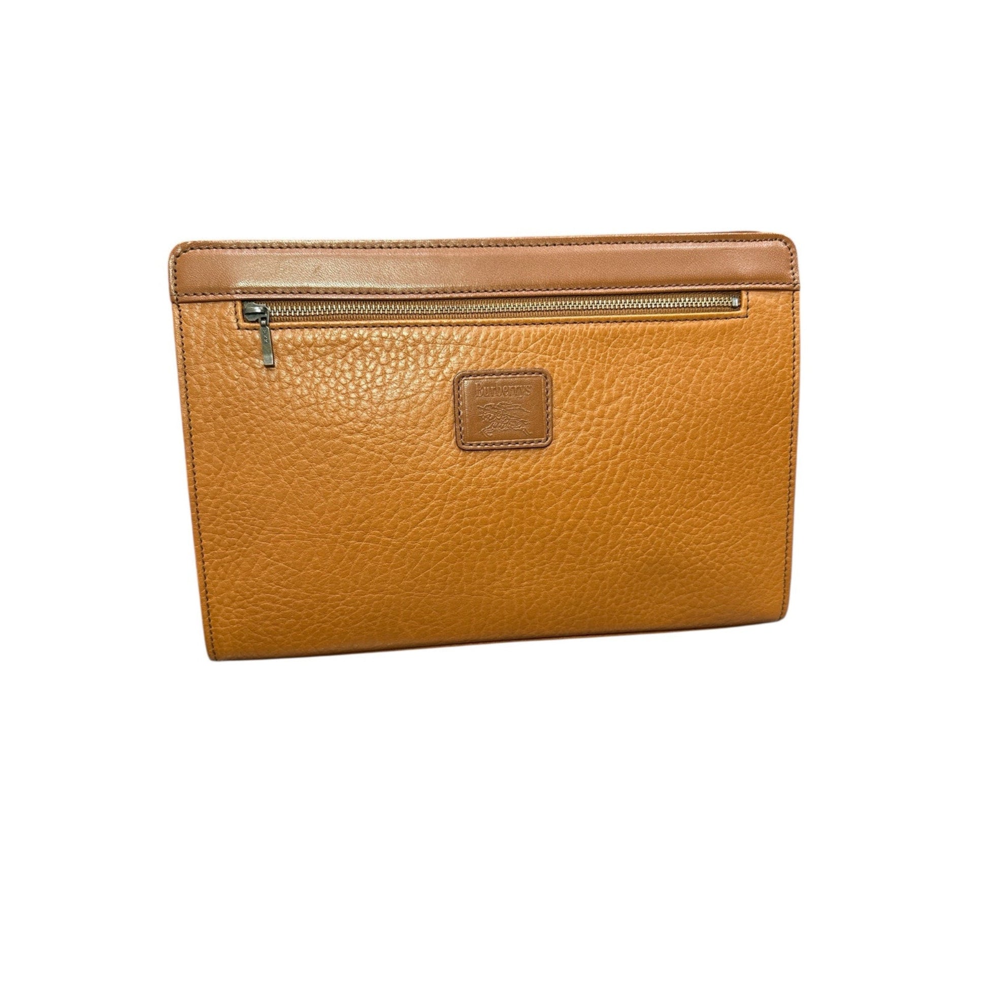 Brown leather pouch with a visible brand logo on a white background