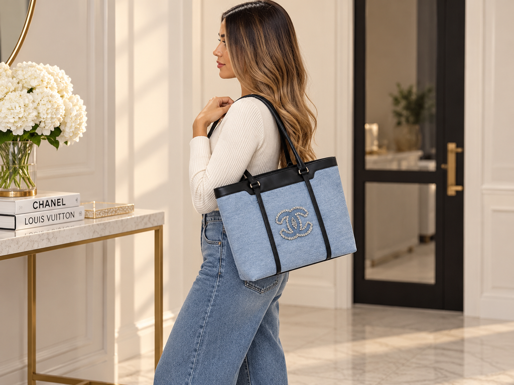 Chanel GWP Denim Tote Bag – Blue Denim with Black Leather Trim