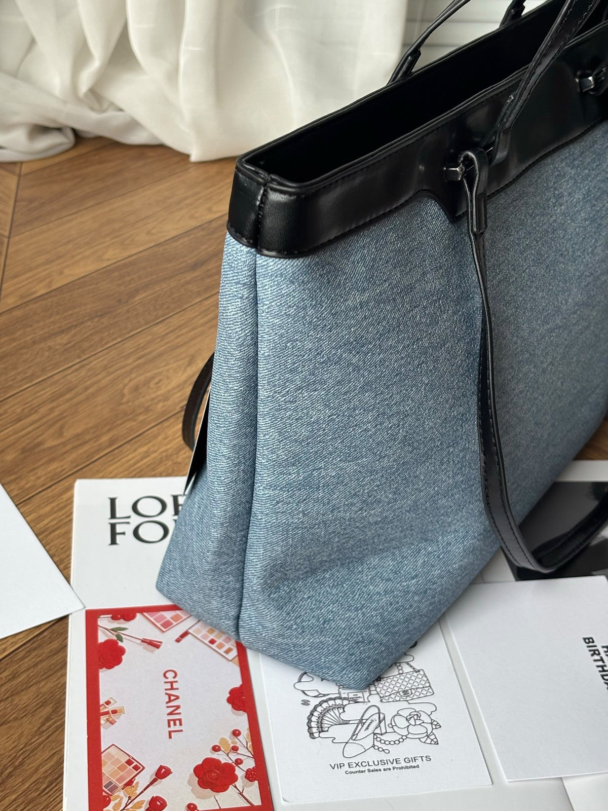 Chanel GWP Denim Tote Bag – Blue Denim with Black Leather Trim
