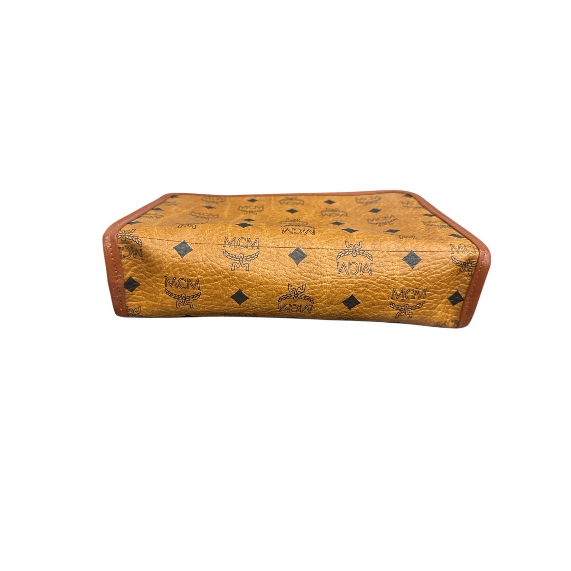 Brown leather box with MCM logo on a white background