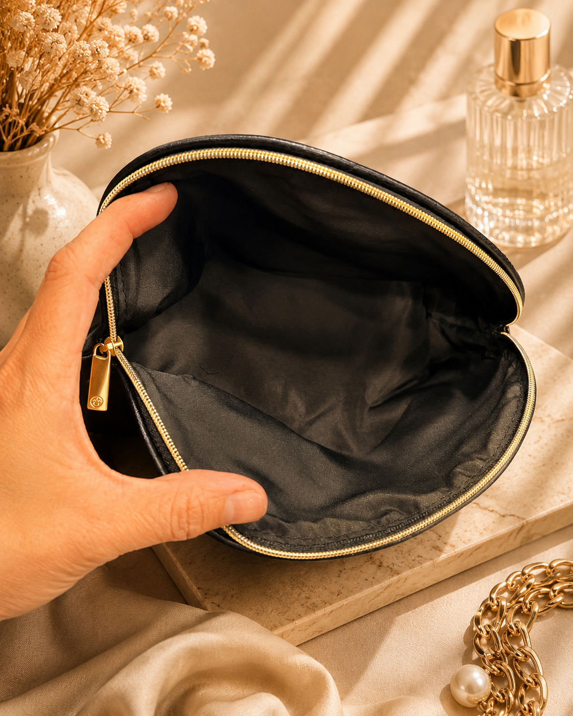 CHANEL BEAUTÉ Black Cosmetic Bag – Soft Faux Leather GWP Makeup Pouch | Gift With Purchase