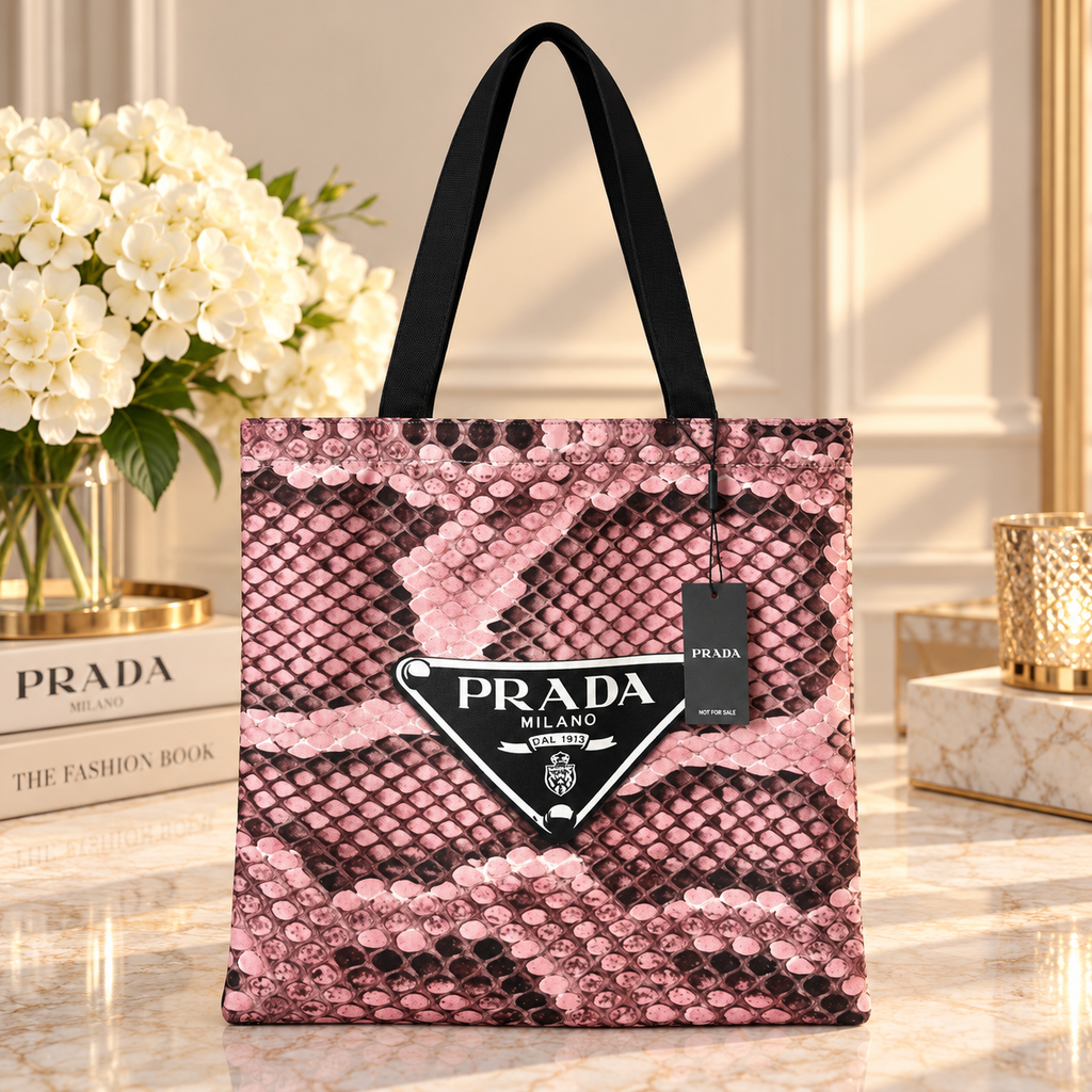 Prada GWP Pink Snakeskin-Print Tote Bag | Black Shoulder Straps