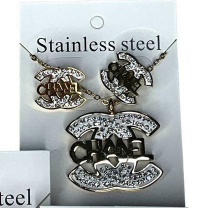Stainless Steel Double C Style Necklace & Earrings Set – Rhinestone Jewelry